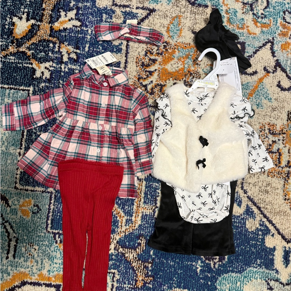 Tahari Red Plaid Dress and Leggings with White Vest Set